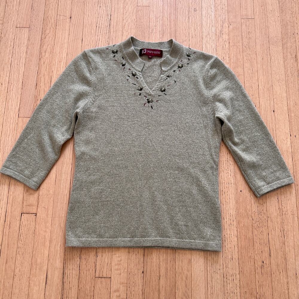 Retro beaded lightweight cashmere sweater Women Sz Small soft